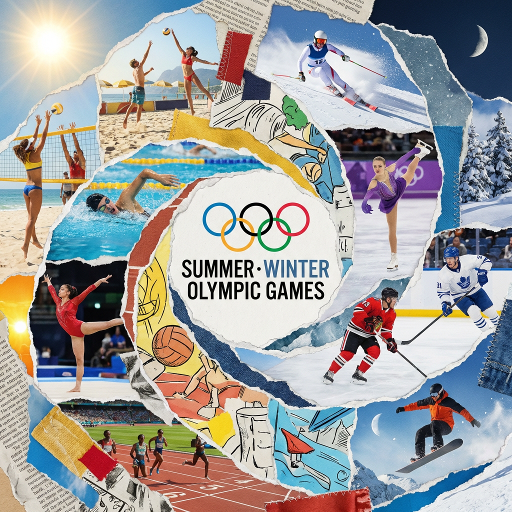 Collage showing various Summer and Winter Olympic sports surrounding the official Olympic rings logo.