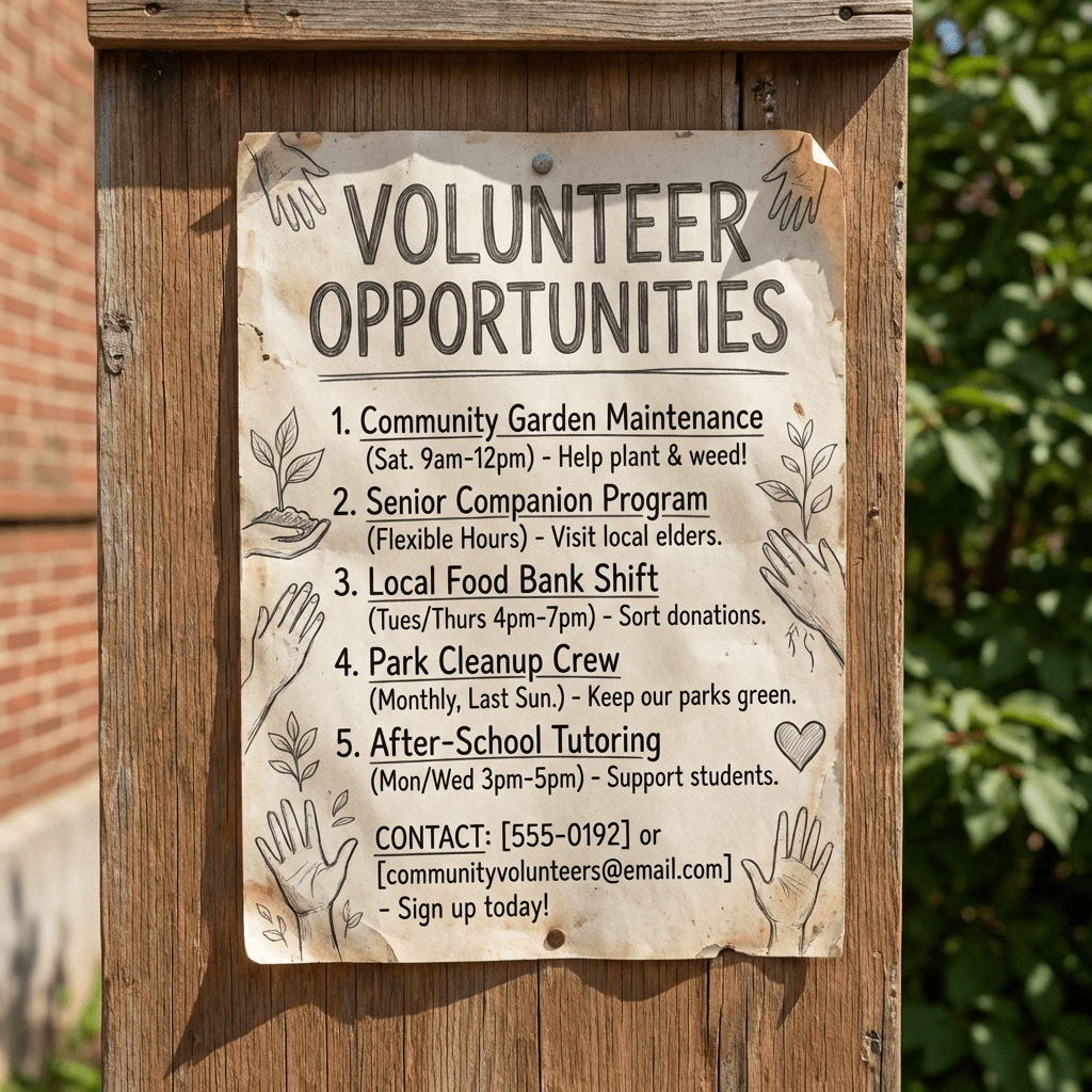 Poster titled VOLUNTEER OPPORTUNITIES listing: 1. Community Garden Maintenance (Sat. 9am-12pm) - Help plant & weed! 2. Senior Companion Program (Flexible Hours) - Visit local elders. 3. Local Food Bank Shift (Tues/Thurs 4pm-7pm) - Sort donations. 4. Park Cleanup Crew (Monthly, Last Sun.) - Keep our parks green. 5. After-School Tutoring (Mon/Wed 3pm-5pm) - Support students. CONTACT: [555-0192] or [communityvolunteers@email.com] - Sign up today!