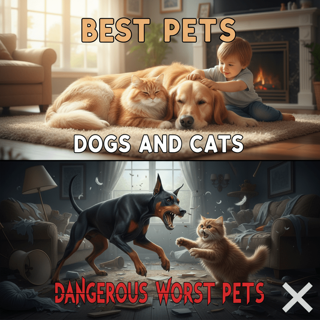 Comparison image with text: BEST PETS DOGS AND CATS and DANGEROUS WORST PETS X.