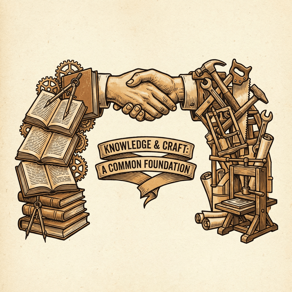 Handshake between arms made of books and tools with text 'Knowledge & Craft: A Common Foundation'.