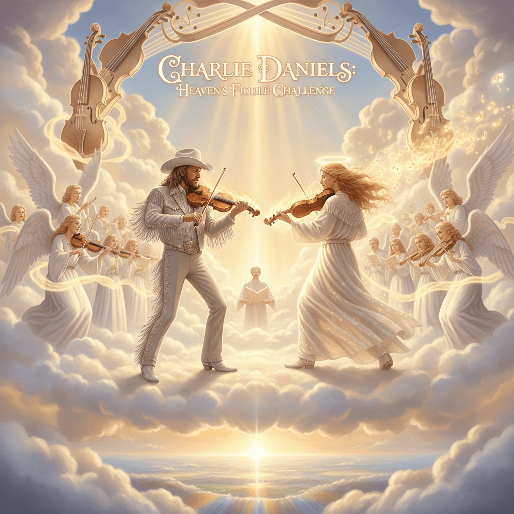 Two violinists playing in clouds with angel musicians around them and golden light beams