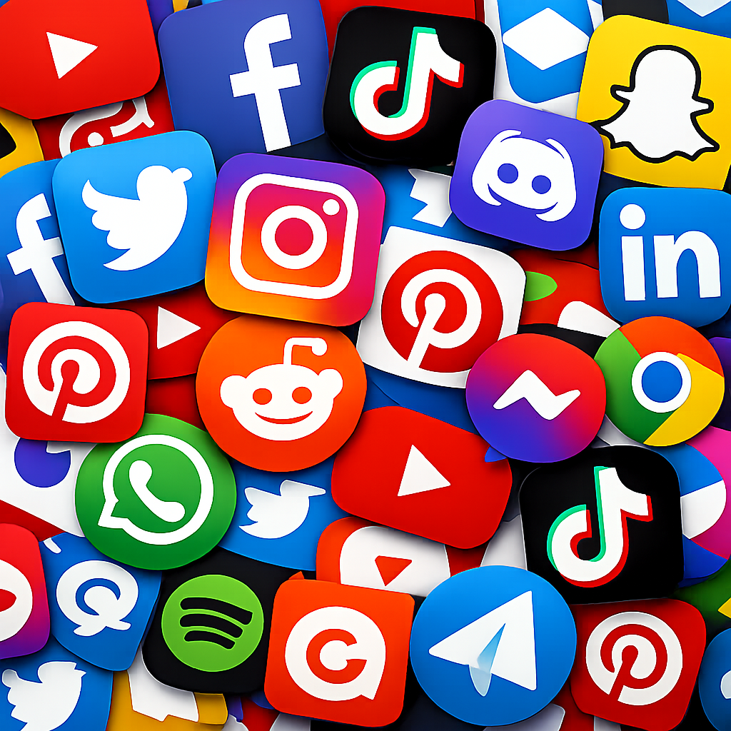 Various social media and app logos including Facebook, Instagram, Twitter, TikTok, Pinterest, WhatsApp, and more