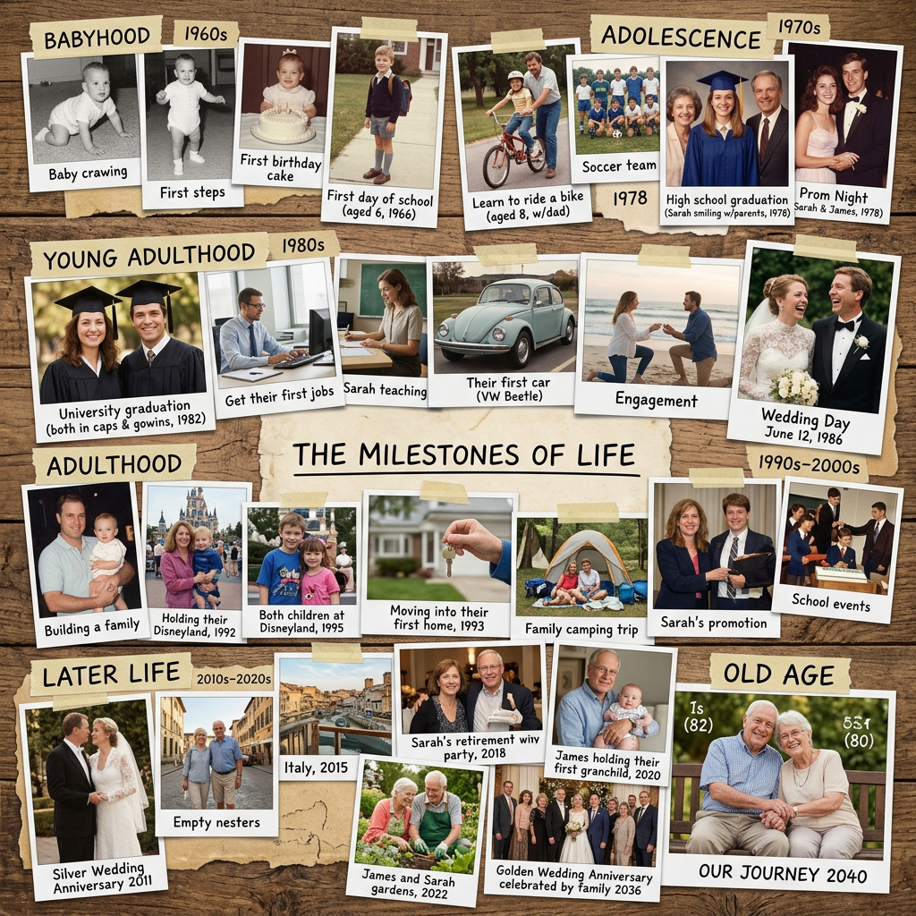 Collage of family milestone photos from babyhood to old age including birthdays, graduations, weddings, and anniversaries