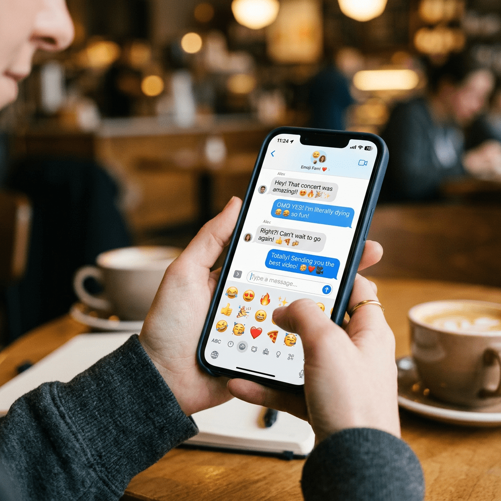 Person holding smartphone texting about a concert with emojis visible on screen