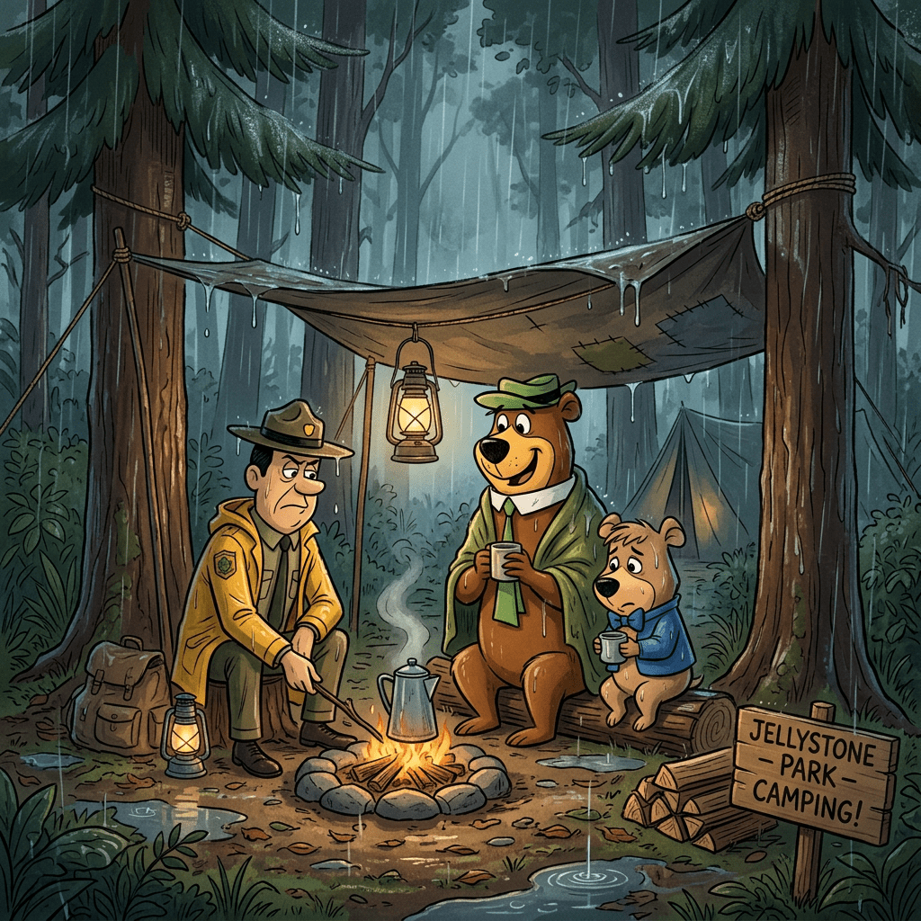 Yogi Bear, Boo Boo, and Ranger Smith camping and drinking near a campfire under a rain-soaked tarp