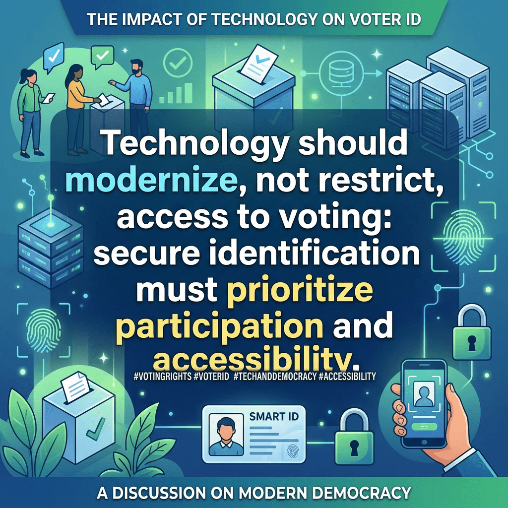 Graphic showing secure voter ID technology with text about modernizing access to voting