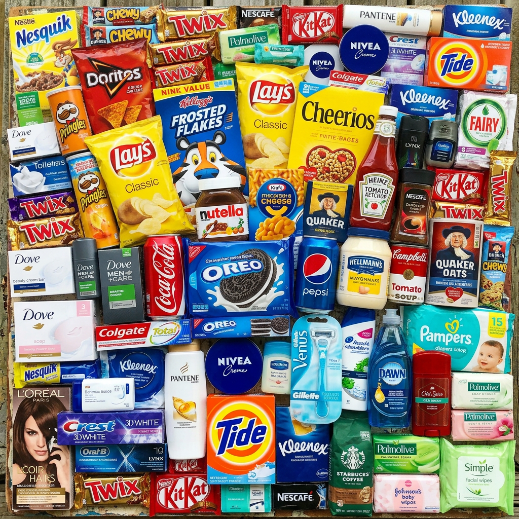 Variety of grocery and personal care products including snacks, cereals, hygiene items, and beverages