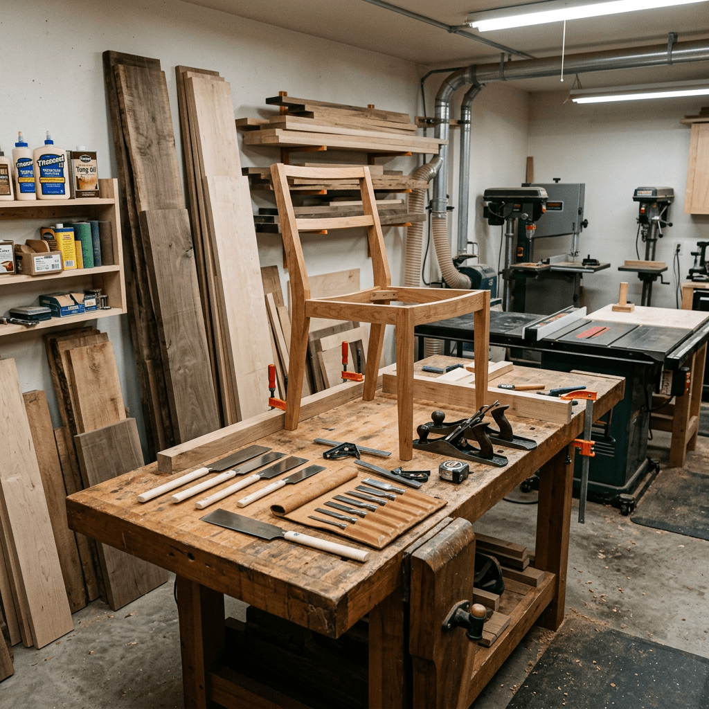 Handcrafted wooden chair on a workbench with woodworking tools and lumber in workshop