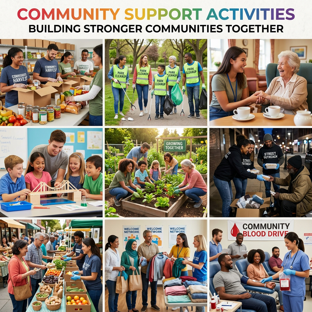 Collage showing community members volunteering at food bank, cleaning park, socializing, teaching, gardening, street outreach, farmers market, clothing drive, and blood donation event