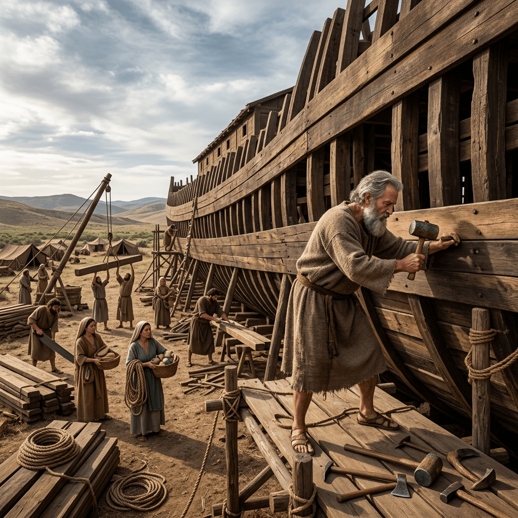 Group of people constructing a large wooden ship with hand tools