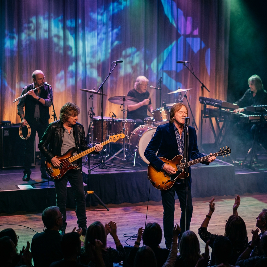 Band with guitarist, bassist, drummer, flutist, and keyboardist performing on stage