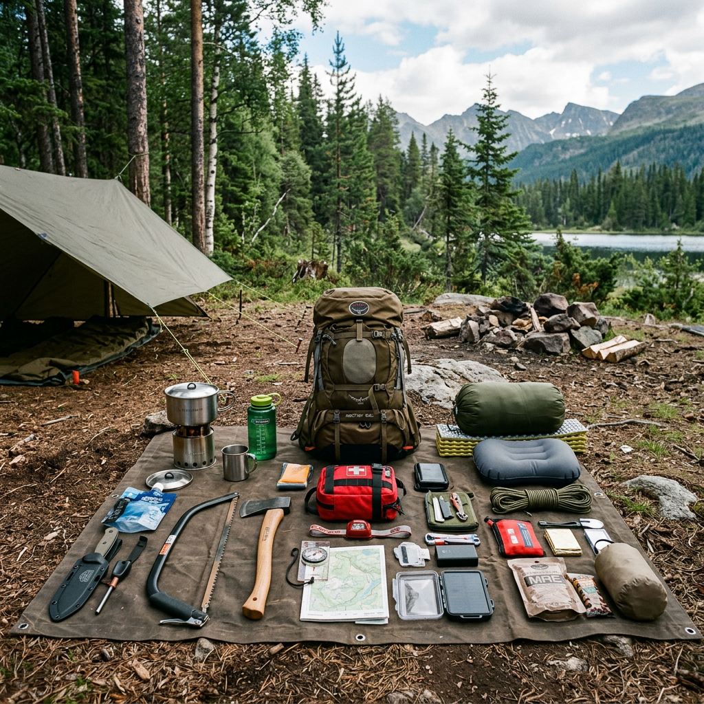 Camping and survival gear including backpack, first aid kit, tools, cooking supplies, and outdoor essentials laid on a mat with a tent and forest background