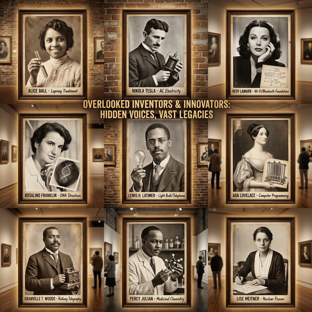 Portraits of Alice Ball, Nikola Tesla, Hedy Lamarr, Rosalind Franklin, Lewis H. Latimer, Ada Lovelace, Granville T. Woods, Percy Julian, and Lise Meitner with captions about their inventions