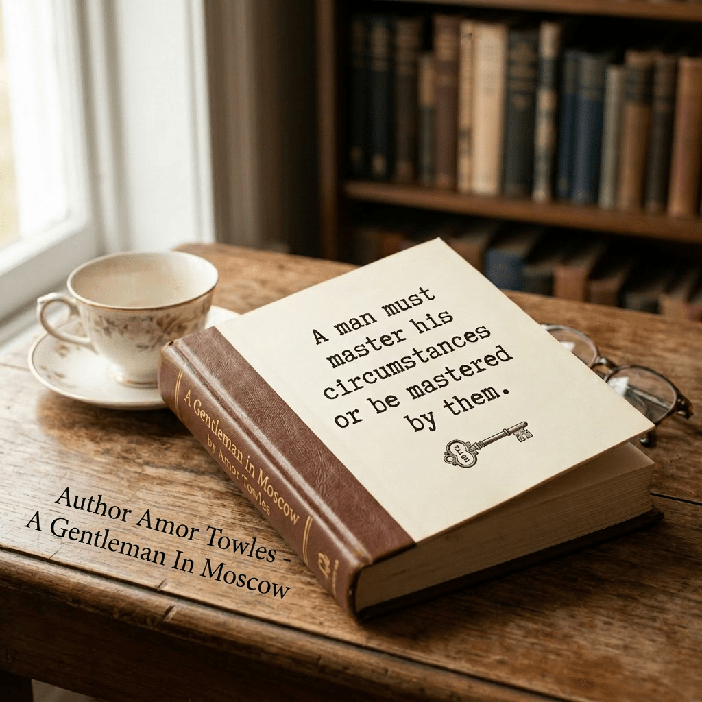 Open book with quote 'A man must master his circumstances or be mastered by them' on wooden table with teacup and glasses