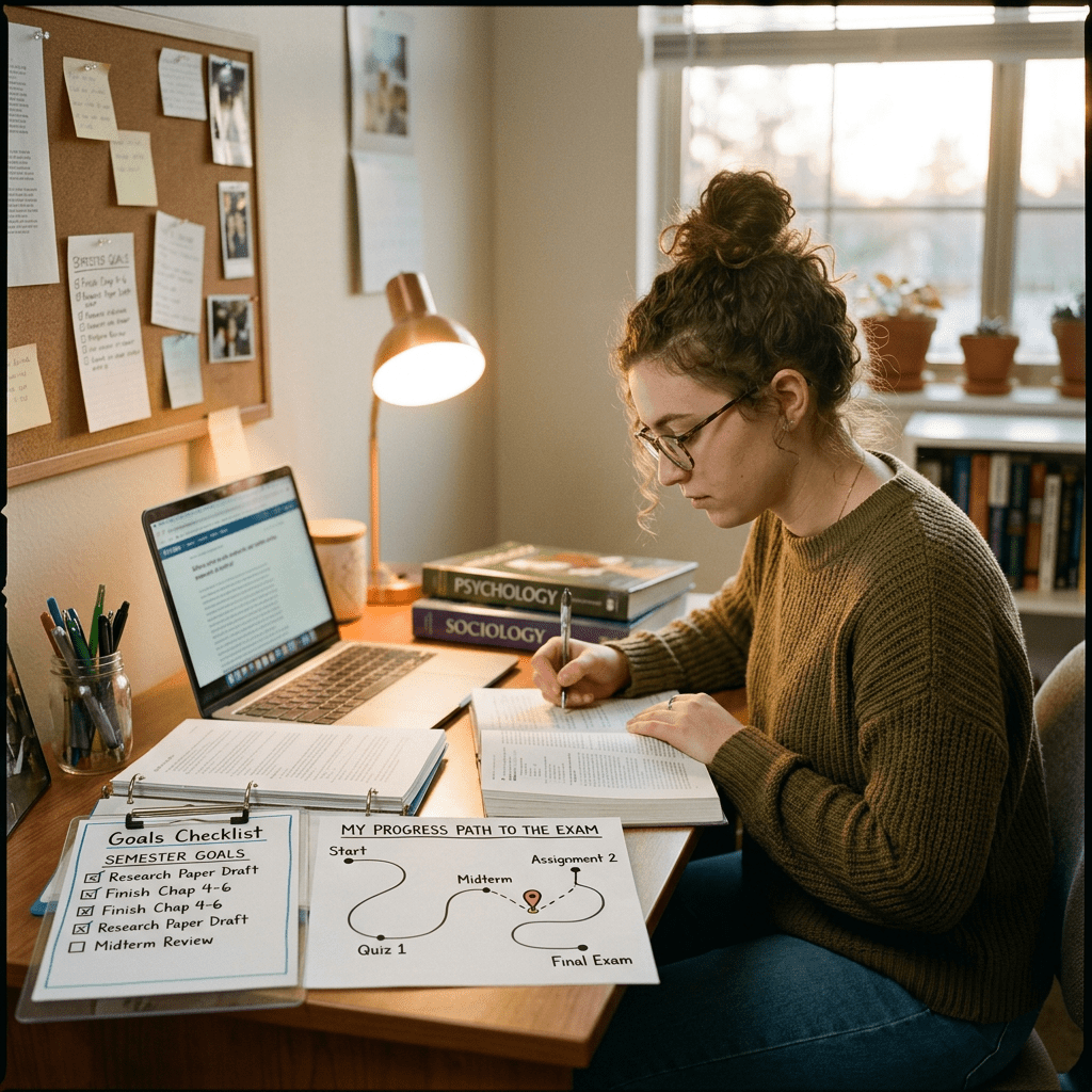 Student studying at desk with books, laptop, and exam progress checklist