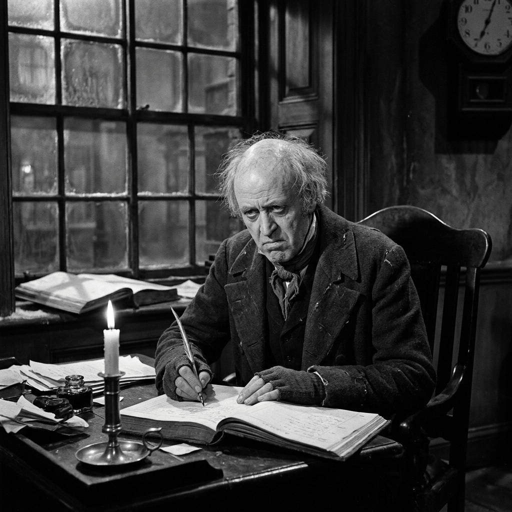Elderly man in worn clothing writing with quill pen at desk by candlelight