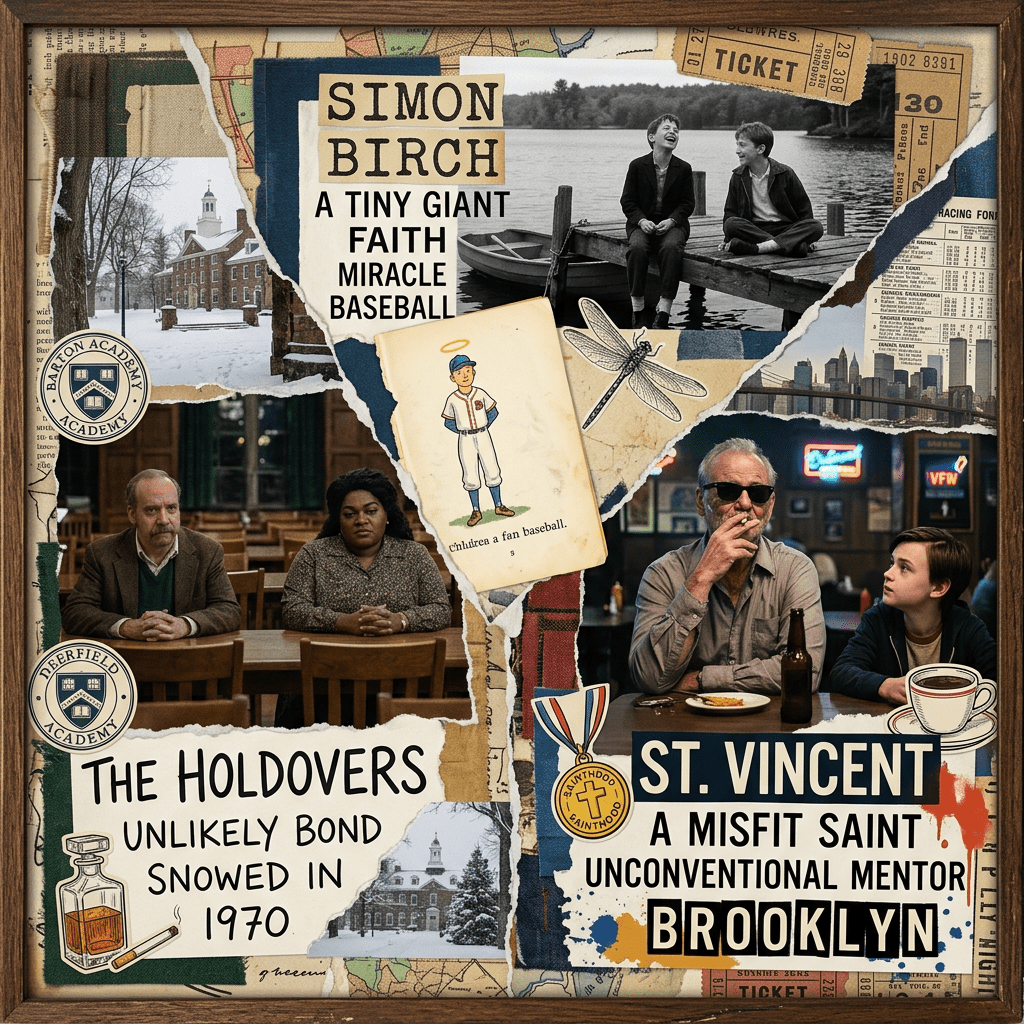 Collage featuring images and text from Simon Birch, The Holdovers, and St. Vincent films with thematic elements