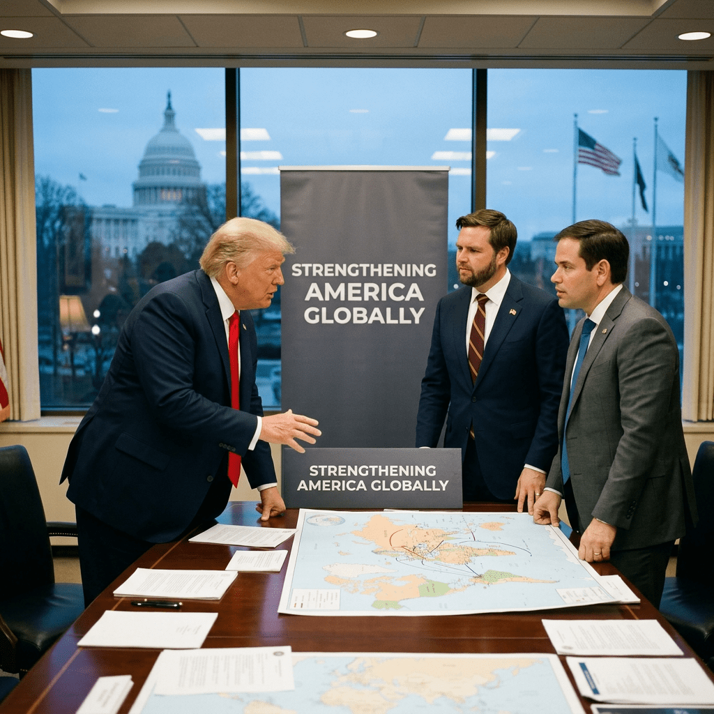Three men in suits standing around a table with maps, Capitol building visible through window