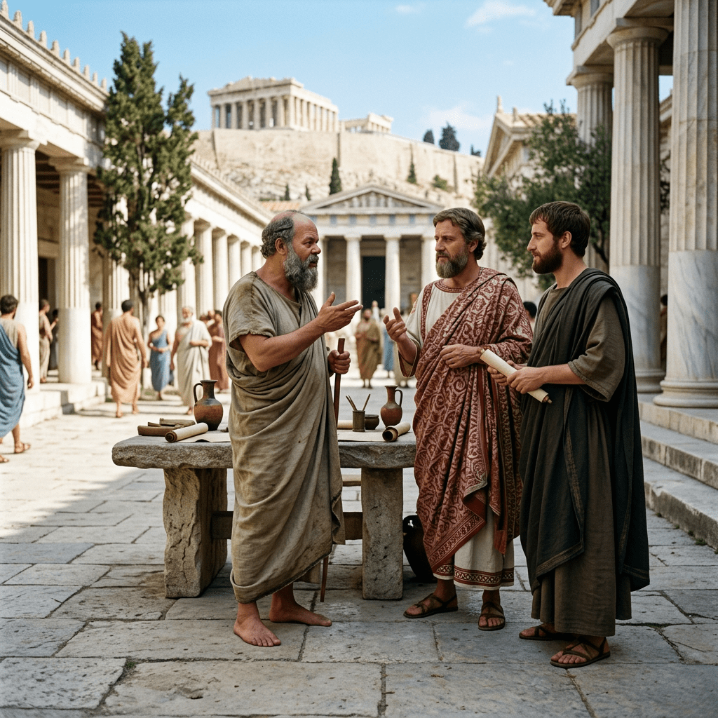 Three ancient Greek men in robes conversing beside a stone table with scrolls and pottery