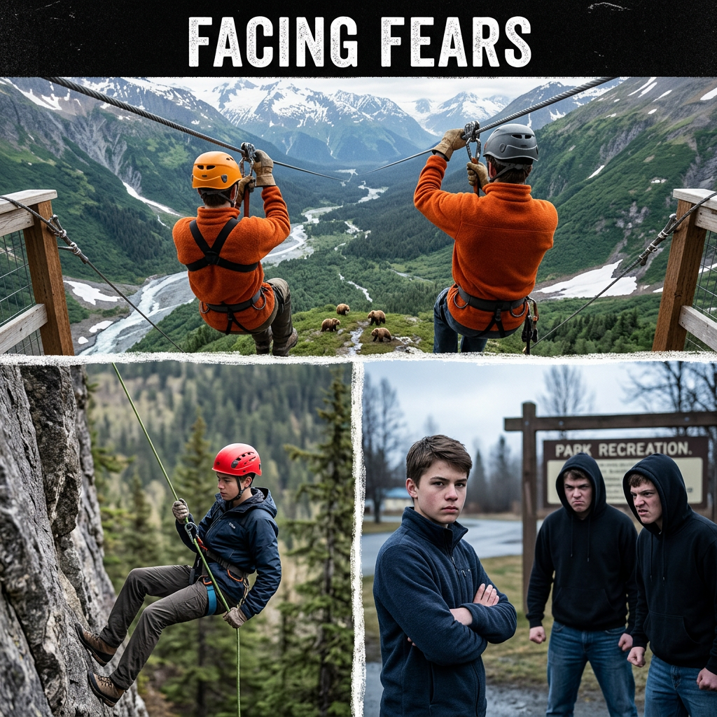 People ziplining over a mountainous landscape, a person rappelling on a rock face, and a teen facing two others outdoors