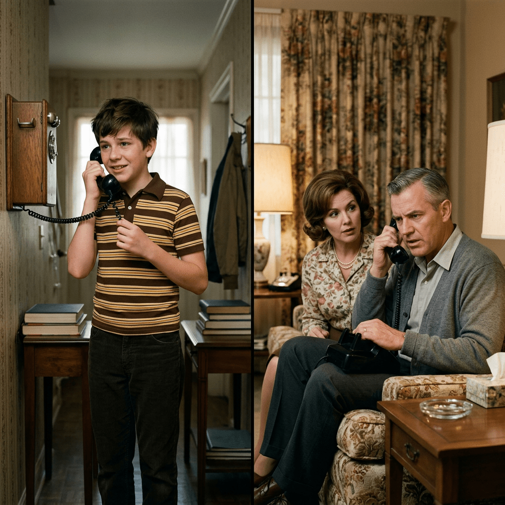 Boy talking on wall-mounted phone in hallway, couple on phone in living room