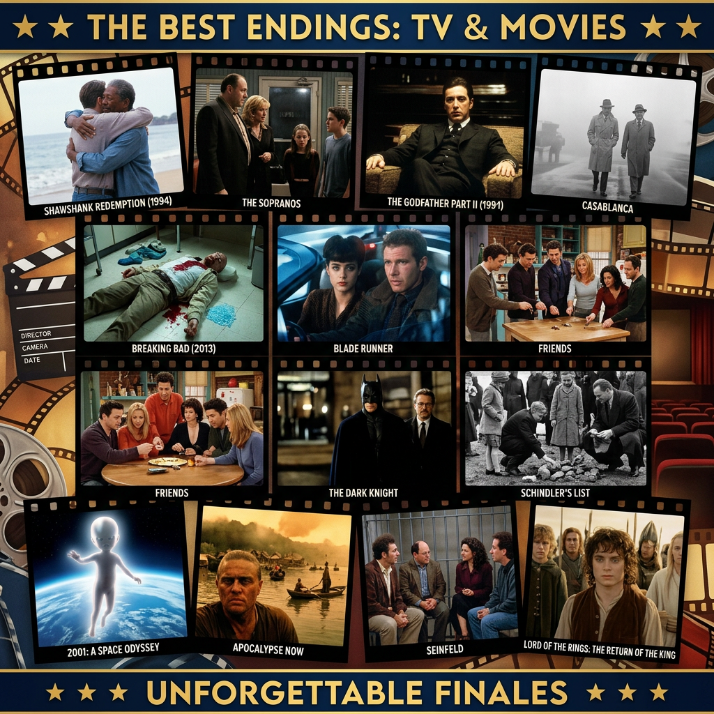 Collage of iconic scenes from TV shows and movies with unforgettable finales including Shawshank Redemption, The Sopranos, The Godfather Part II, Casablanca, Breaking Bad, Blade Runner, Friends, The Dark Knight, Schindler's List, 2001: A Space Odyssey, Apocalypse Now, Seinfeld, and Lord of the Rings: The Return of the King.