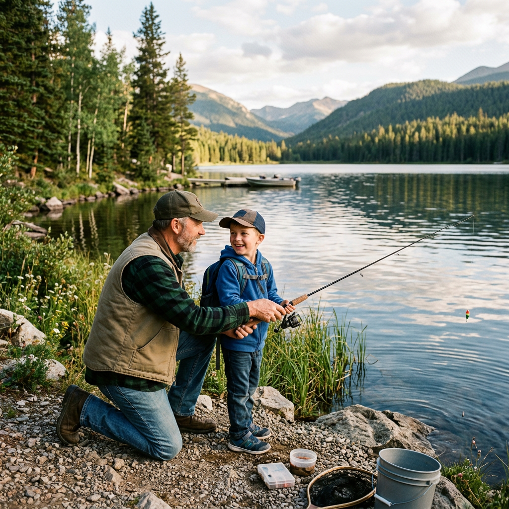 An older man kneeling beside a young boy holding a fishing rod by a calm lake with mountains and trees in the background