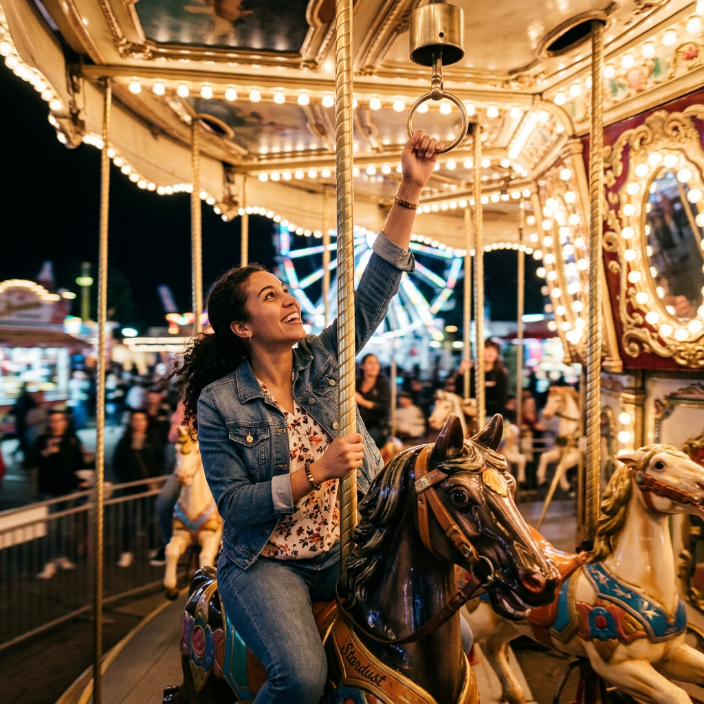 Woman reaching for the ring while riding a carousel horse at night