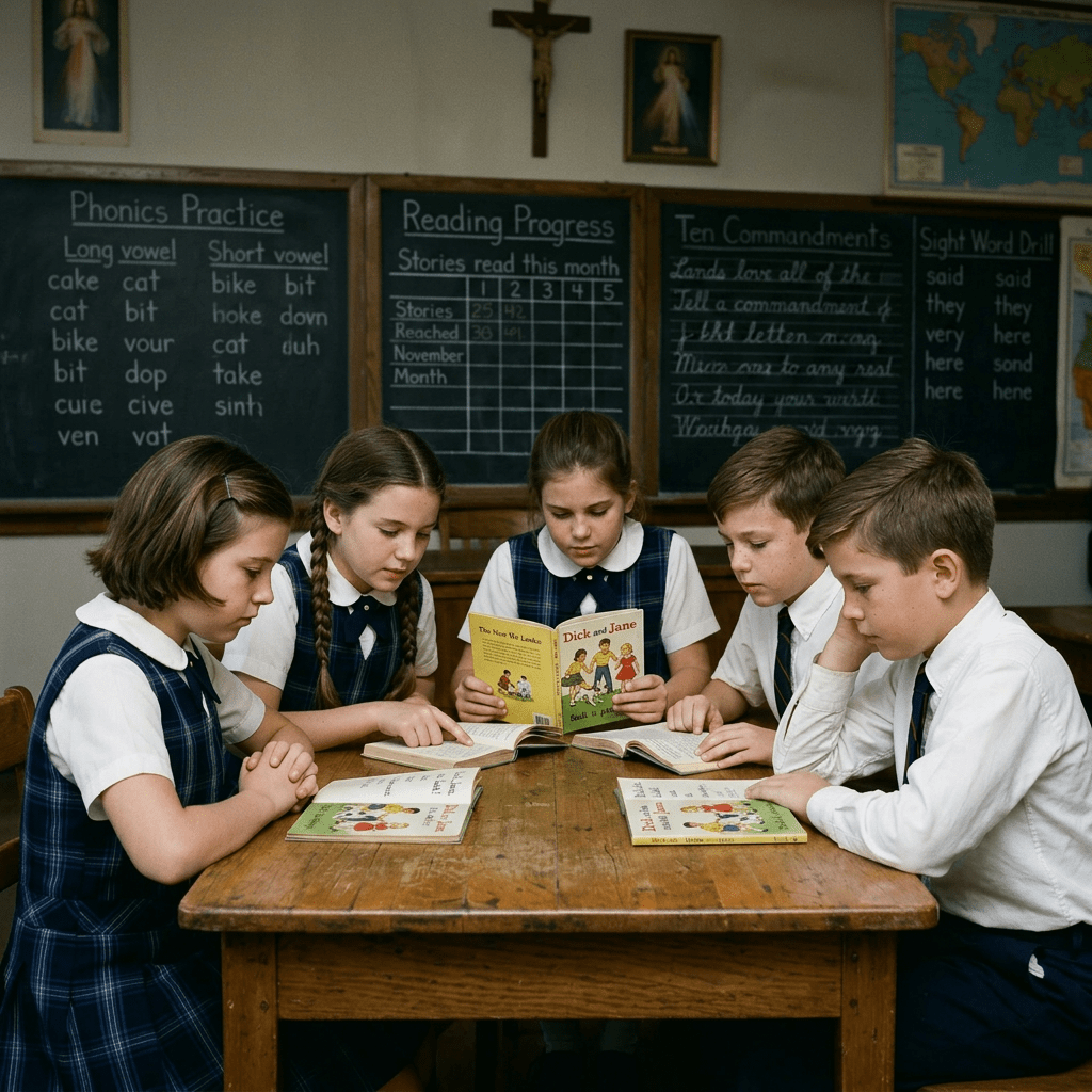 Five children in school uniforms sitting at a wooden table reading green religious textbooks in a classroom