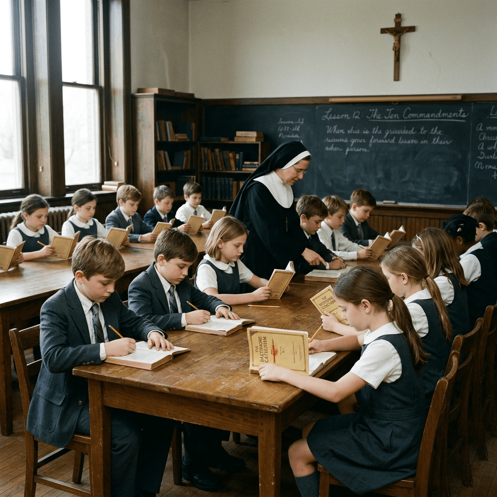 Parochial school children studying Baltimore Catechism