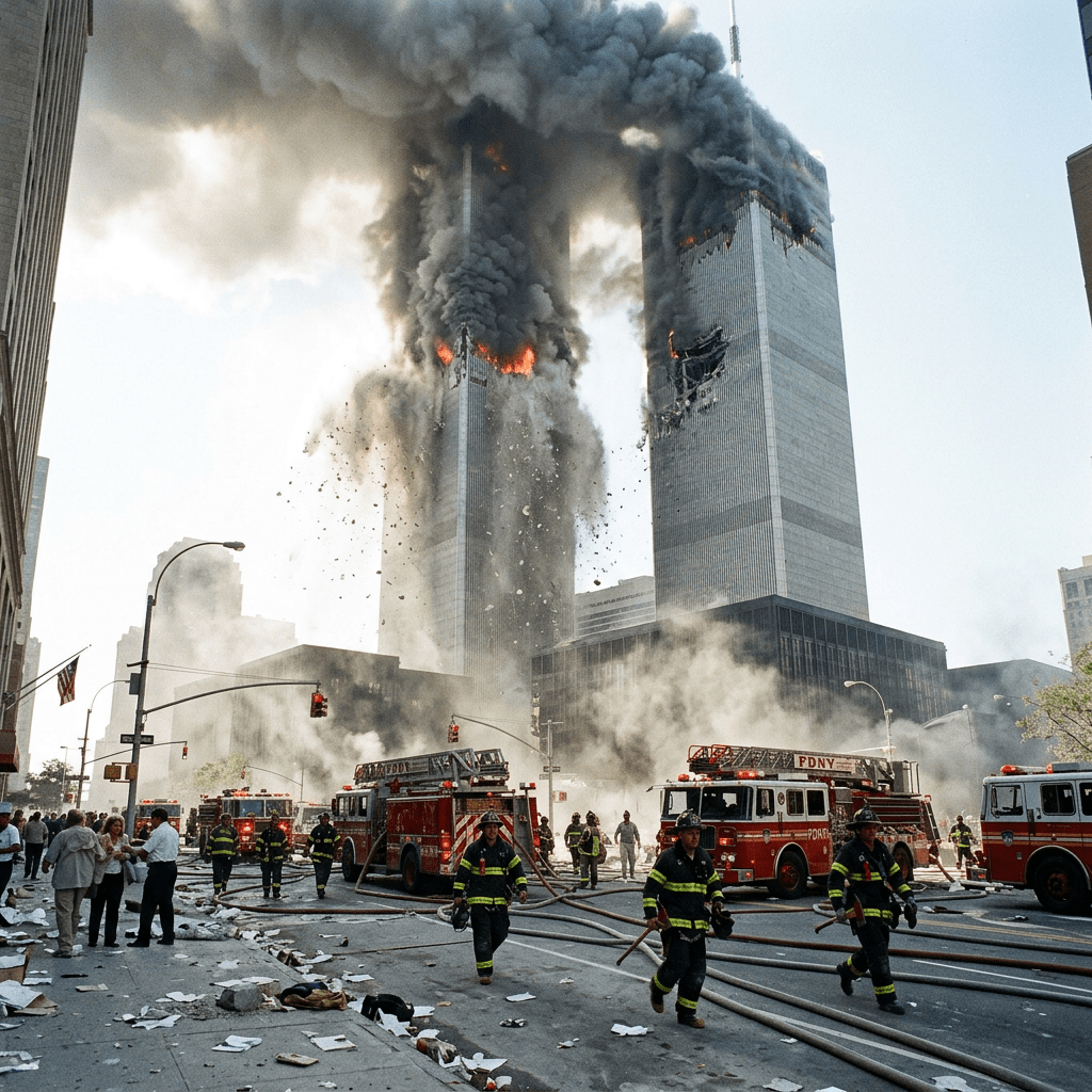 Twin Towers burning with heavy smoke and firefighters on the street
