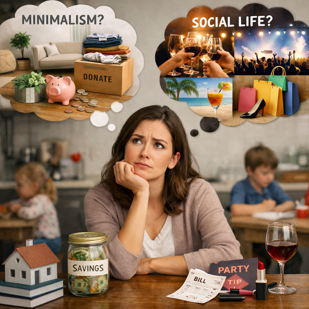 Woman thinking about minimalism with donations and savings versus social life with parties and shopping