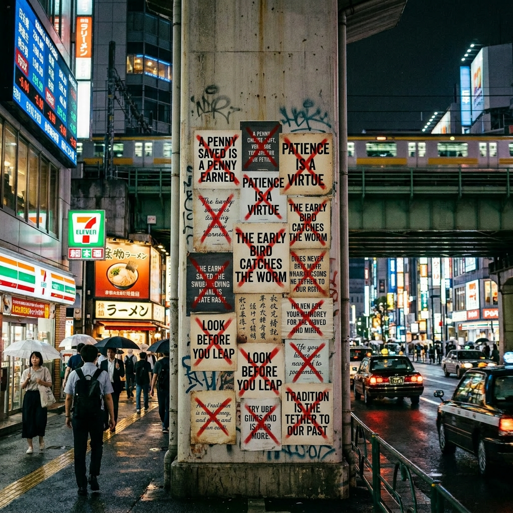Graffiti on a city pillar with red crossed-out Asian characters and blue English text about tradition.