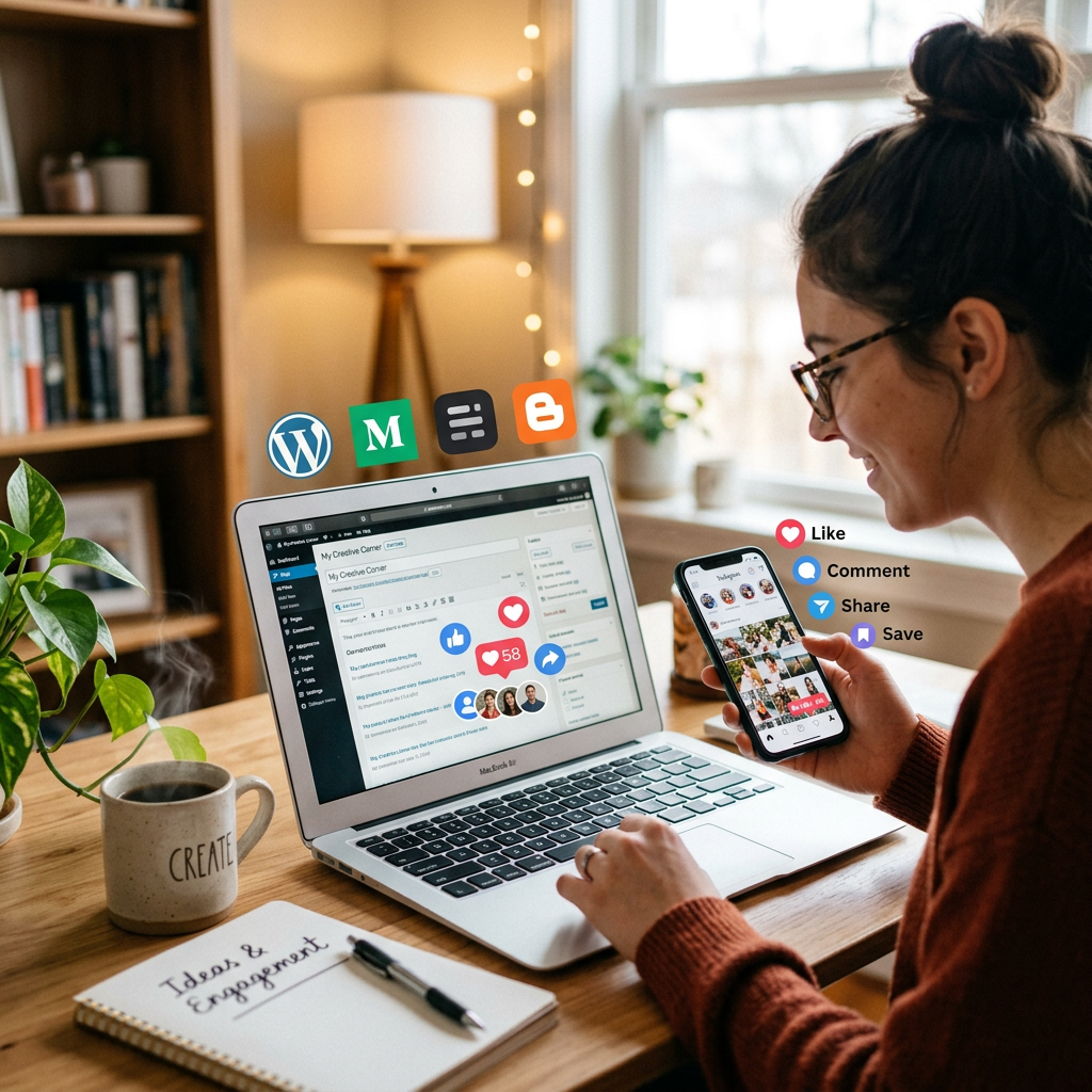 Woman working on laptop and smartphone with social media and blogging icons and engagement notifications