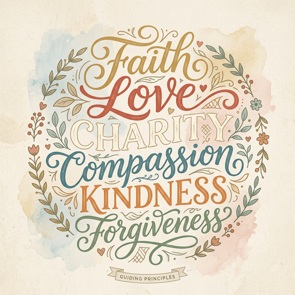 Words faith, love, charity, compassion, kindness, forgiveness in decorative fonts surrounded by floral accents