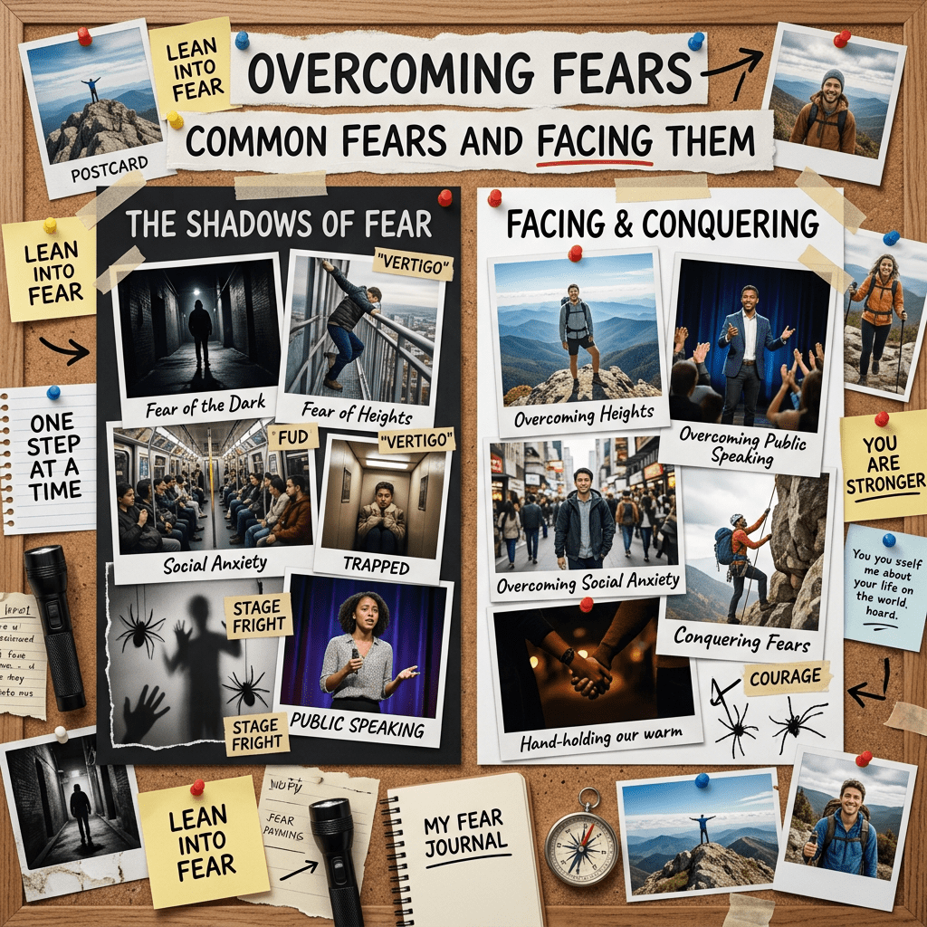 A corkboard with pinned photos and notes about common fears like fear of dark, heights, social anxiety, and public speaking, alongside images of overcoming them.