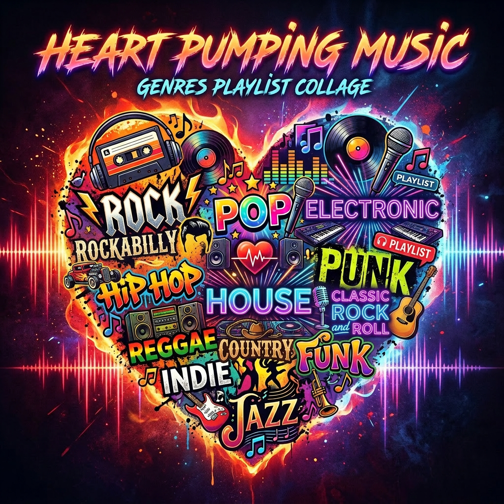 Heart-shaped collage featuring music genres like rock, pop, electronic, punk, hip hop, reggae, indie, jazz, and funk with musical instruments and playlist icons.