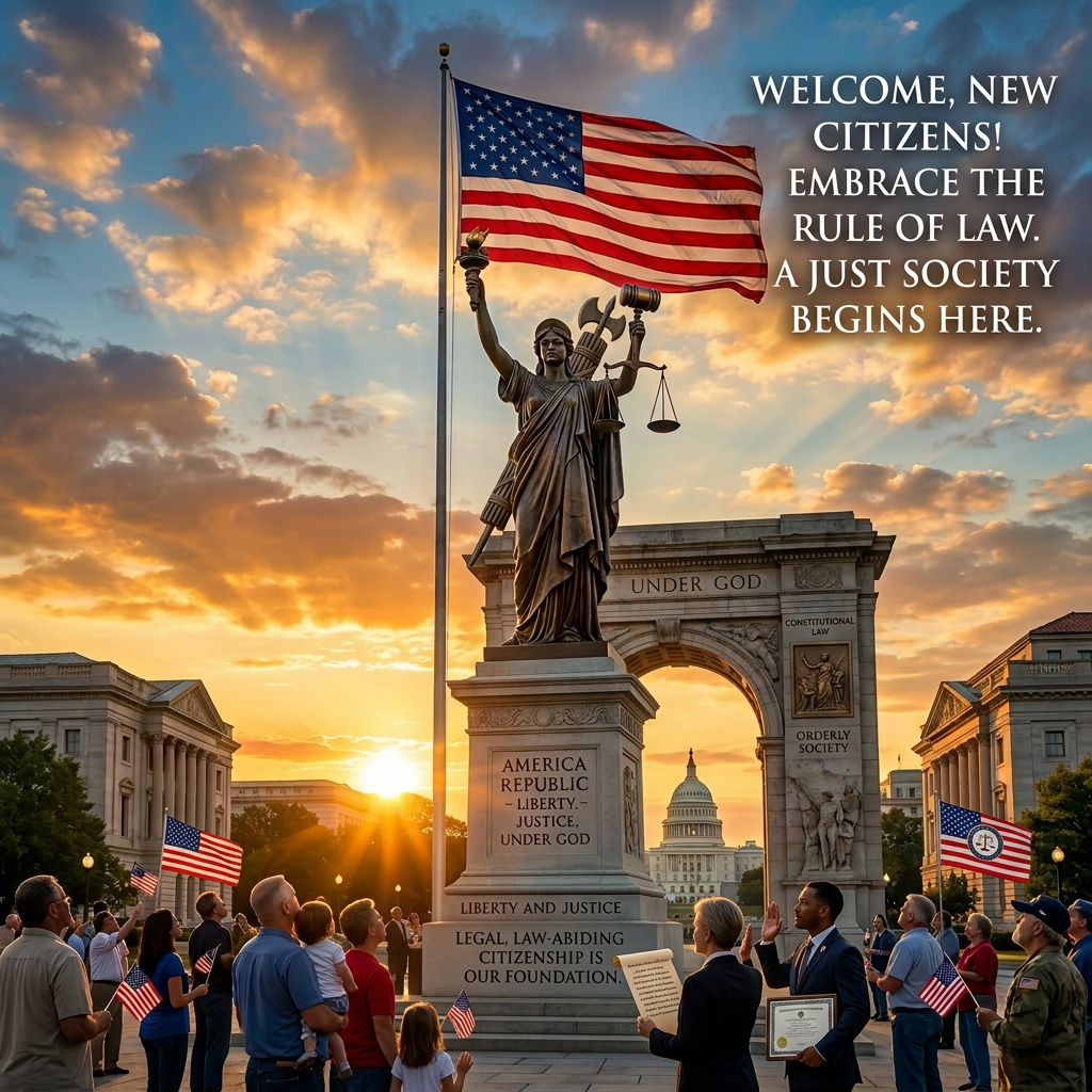 Crowd standing around justice statue and American flag at sunset near United States Capitol
