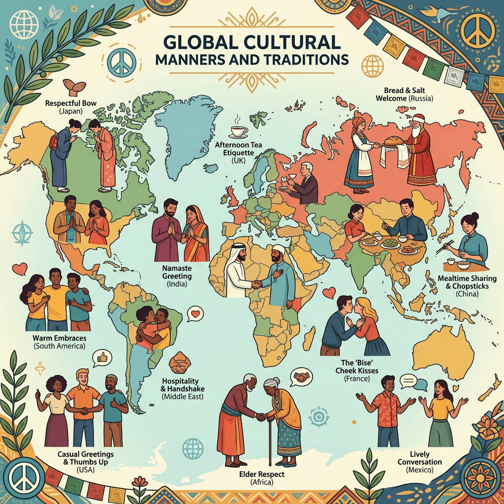 Map showing global cultural manners and traditions like bowing in Japan, namaste in India, cheek kisses in France, and handshakes in the Middle East