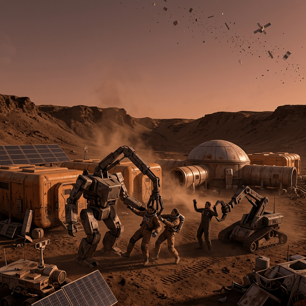 Two astronauts help a large robot arm while another robot arm assists a third person in a Mars colony with solar panels and habitat modules