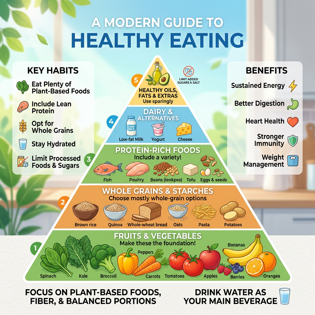 Food pyramid showing fruits and vegetables, whole grains, protein-rich foods, dairy alternatives, and healthy oils with key habits and benefits.