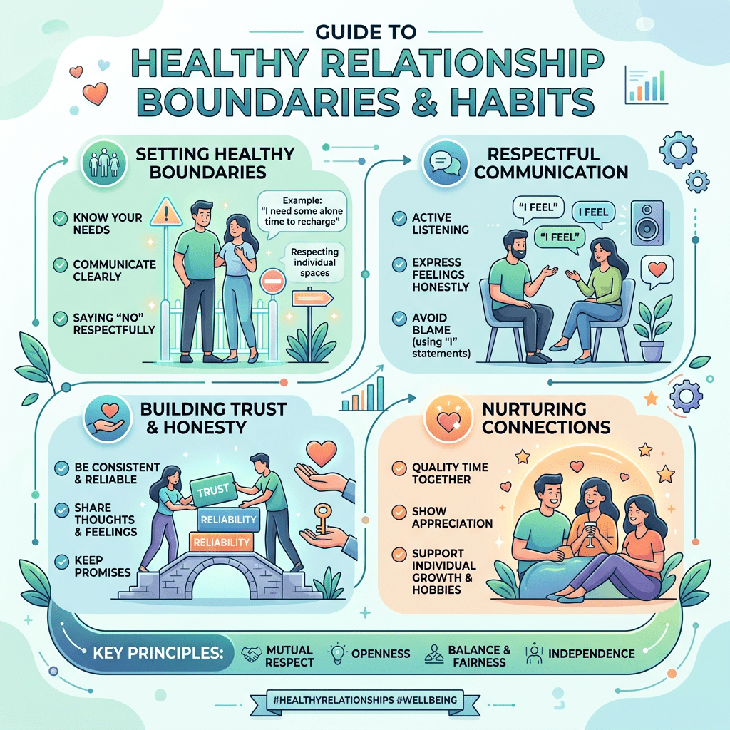Guide to healthy relationship boundaries and habits with sections on setting boundaries, respectful communication, building trust, and nurturing connections