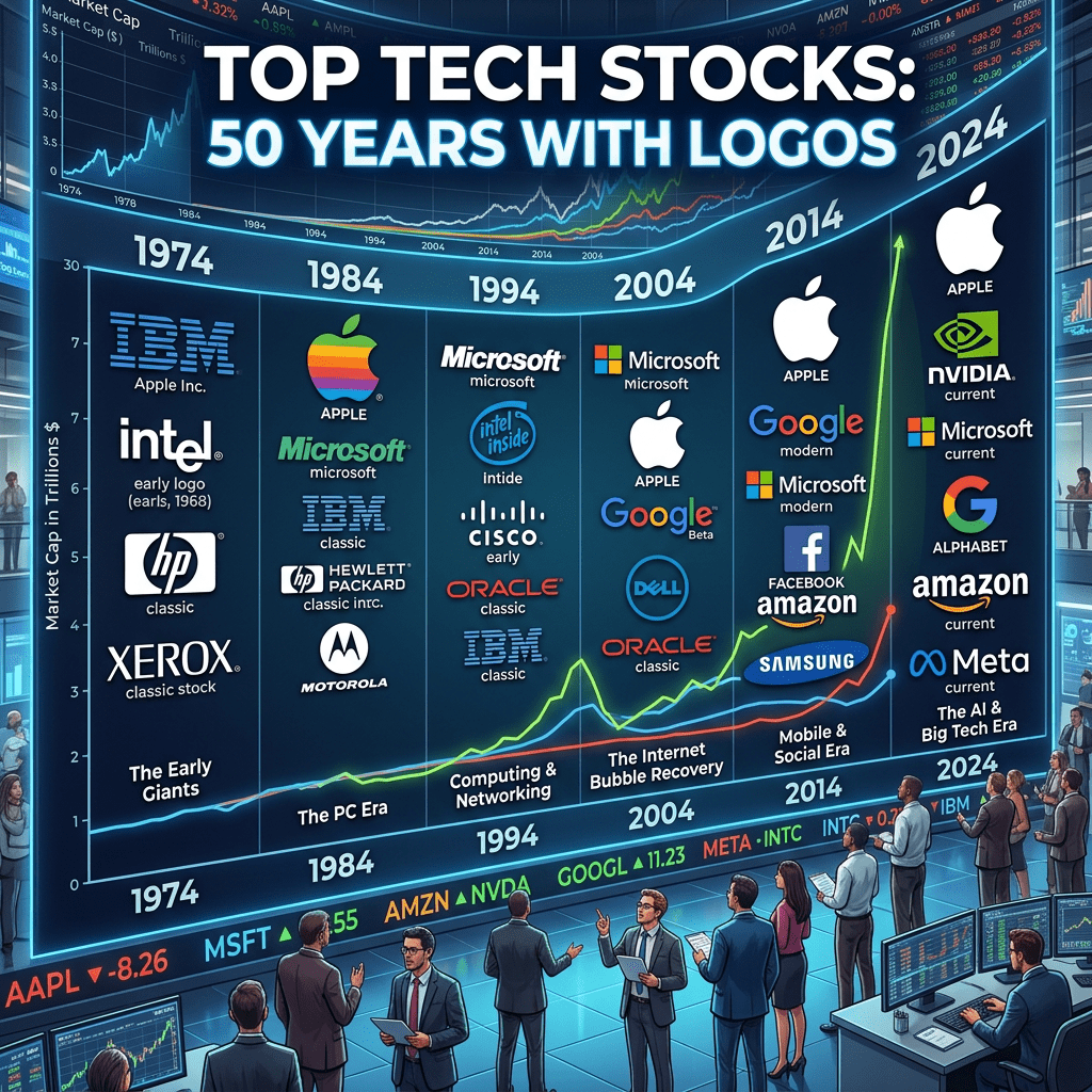 Timeline chart of top tech stocks from 1974 to 2024 with company logos and market cap trends