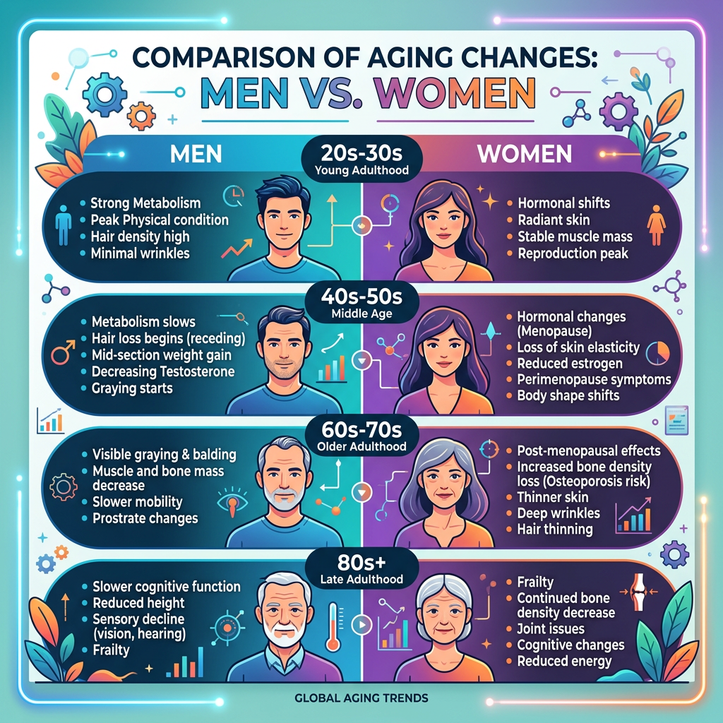 Comparison of aging changes in men and women during young adulthood, middle age, older adulthood, and late adulthood.