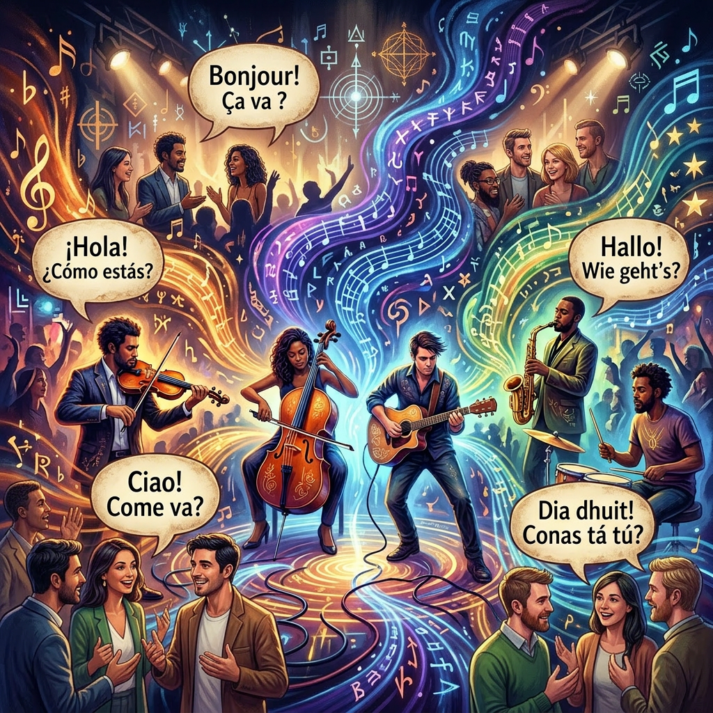 Band playing violin, cello, guitar, saxophone, and drums with colorful musical notes flowing around