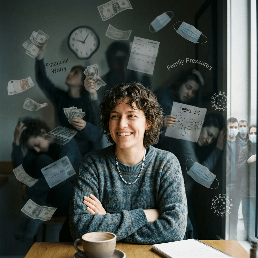 Person smiling calmly with multiple shadowy figures showing stress and anxiety behind