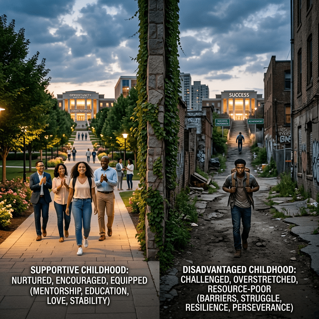 Two contrasting childhood paths with a happy girl walking through a well-maintained park toward opportunity and a serious boy walking through a rundown alley toward success