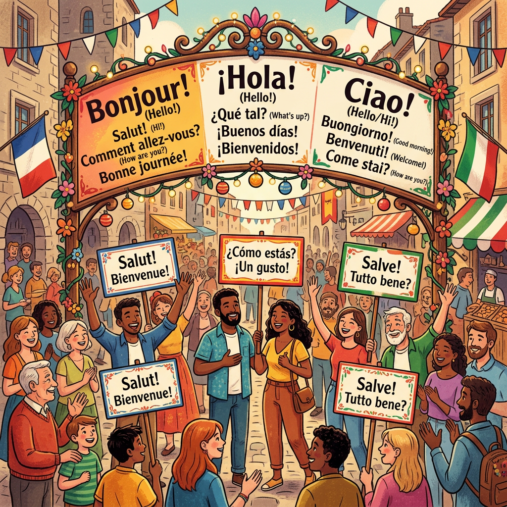 Crowd holding signs with greetings in French, Spanish, and Italian under banners with multilingual welcome phrases