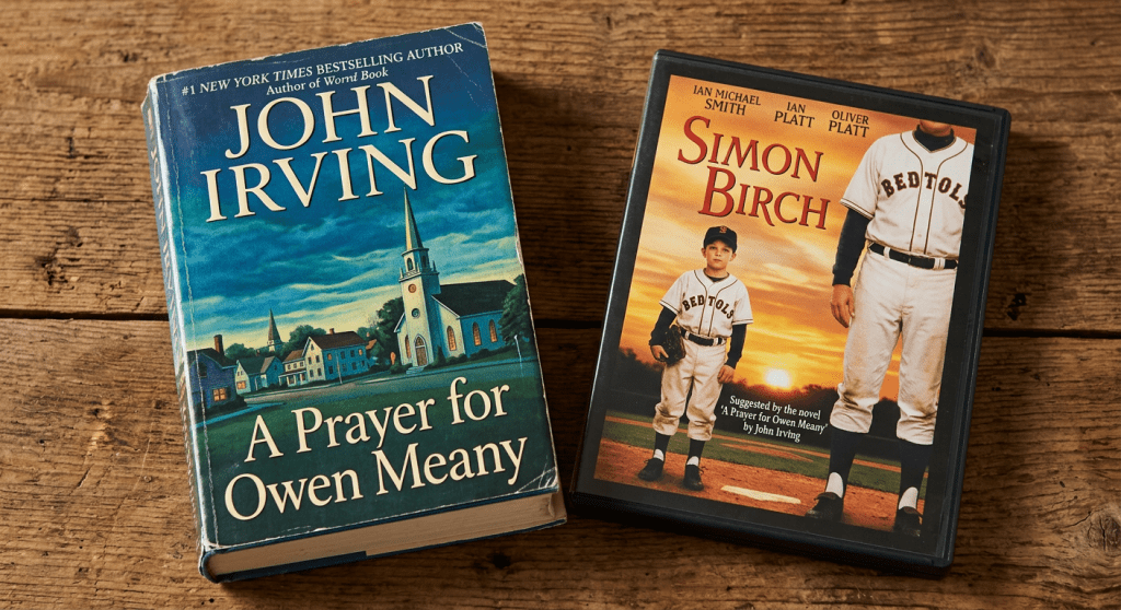 Hardcover book 'A Prayer for Owen Meany' by John Irving and DVD case of 'Simon Birch' movie on wooden surface