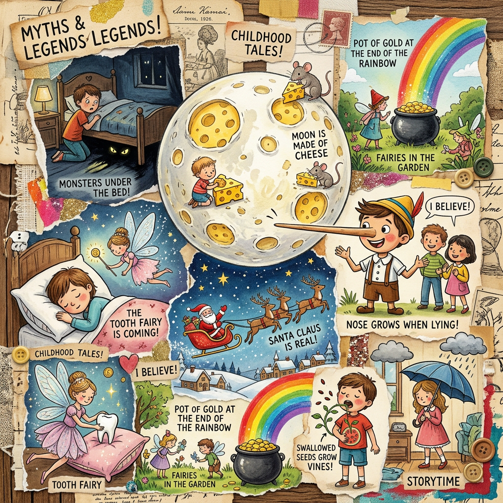 Collage of childhood myths and legends including monsters under the bed, tooth fairy, moon made of cheese, Santa Claus, fairies, pot of gold, and Pinocchio's growing nose.